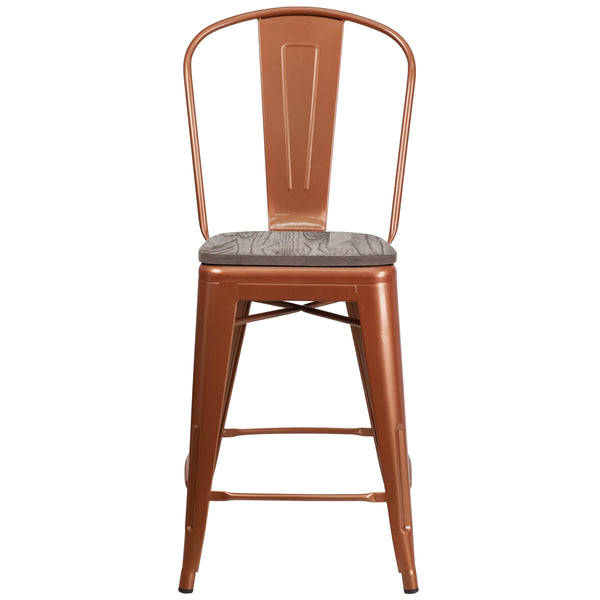 Copper |#| 24inch High Copper Metal Counter Height Stool with Back and Wood Seat