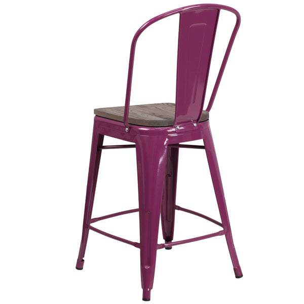 Purple |#| 24inch High Purple Metal Counter Height Stool with Back and Wood Seat