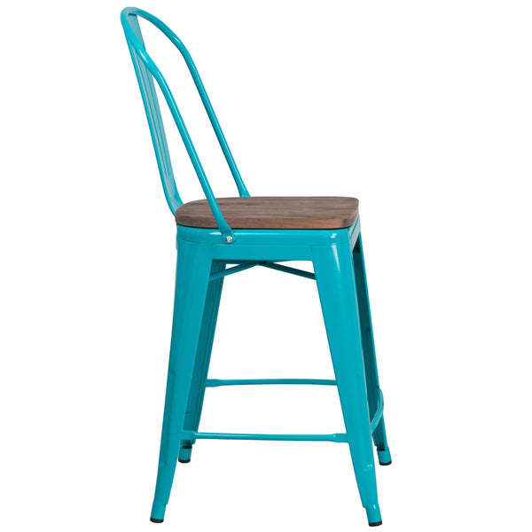 Crystal Teal-Blue |#| 24inch High Crystal Teal-Blue Metal Counter Height Stool with Back and Wood Seat