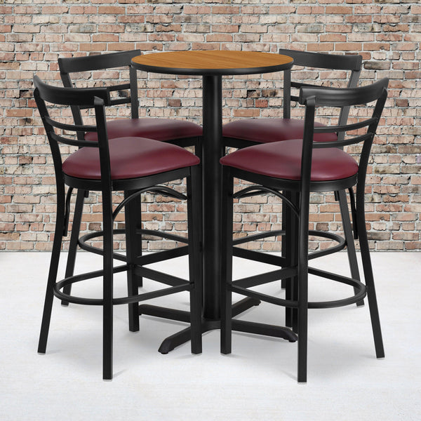 Natural Top/Burgundy Vinyl Seat |#| 24inch Round Natural Laminate Table Set with X-Base & 4 Metal Vinyl Seat Barstools