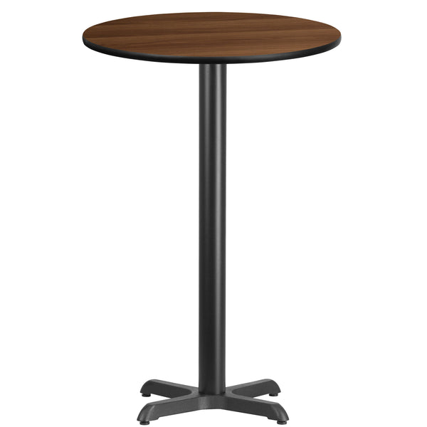 Walnut |#| 24inch Round Walnut Laminate Table Top with 22inch x 22inch Bar Height Table Base