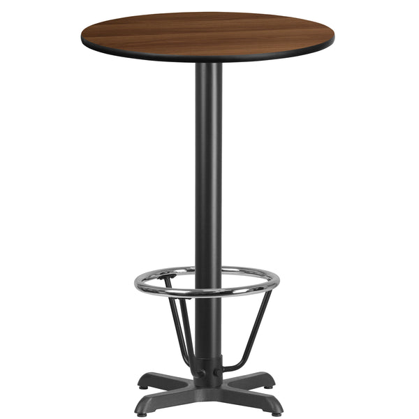 Walnut |#| 24inch Round Walnut Laminate Table Top & 22inchx 22inch Bar Height Base with Foot Ring
