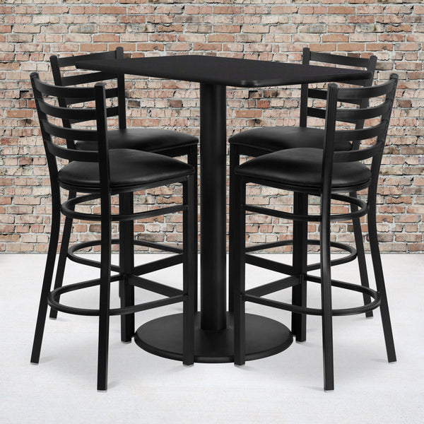 Black Top/Black Vinyl Seat |#| 24inch x 42inch Rectangular Black Laminate Table with 4 Ladder Back Metal Barstools