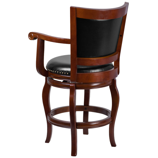 26inch High Cherry Wood Stool w/Arms, Panel Back &Black LeatherSoft Swivel Seat
