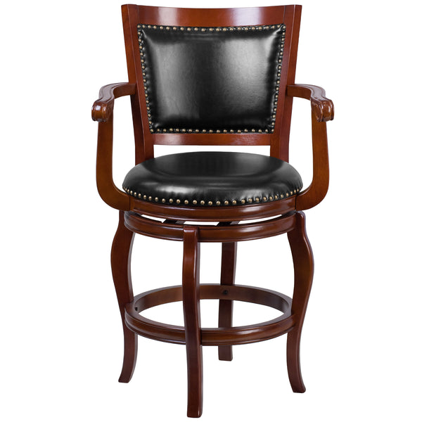26inch High Cherry Wood Stool w/Arms, Panel Back &Black LeatherSoft Swivel Seat