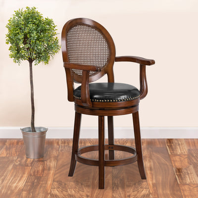 26'' High Wood Counter Height Stool with Arms, Woven Rattan Back and LeatherSoft Swivel Seat - View 2