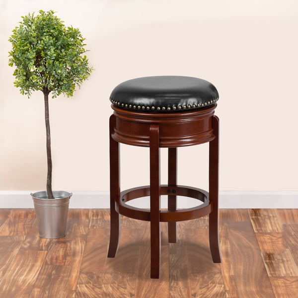 Light Cherry |#| 29inch High Backless Lt Cherry Barstool with Carved Apron & Black LeatherSoft Seat