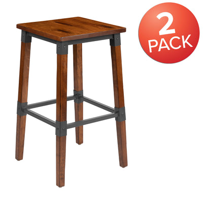 2 Pack Rustic Antique Industrial Wood Dining Backless Barstool - View 2