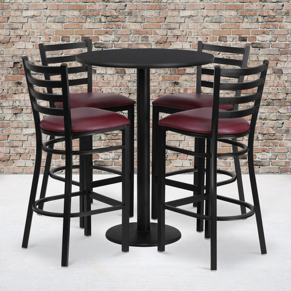 Black Top/Burgundy Vinyl Seat |#| 30inch Round Black Laminate Table w/ Round Base & 4 Ladder Back Metal Barstools