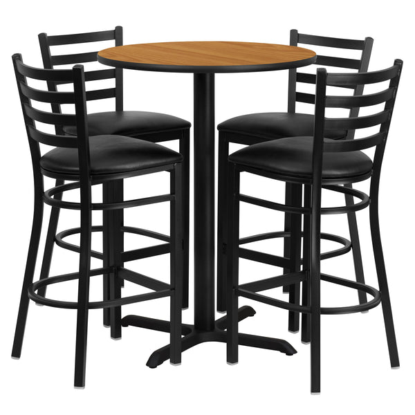 Natural Top/Black Vinyl Seat |#| 30inch Round Natural Laminate Table with X-Base and 4 Ladder Back Metal Barstools