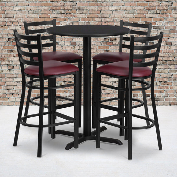 Black Top/Burgundy Vinyl Seat |#| 30inch Round Black Laminate Table with X-Base and 4 Ladder Back Metal Barstools