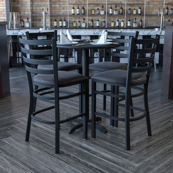 Black Top/Black Vinyl Seat |#| 30inch Round Black Laminate Table with X-Base and 4 Ladder Back Metal Barstools