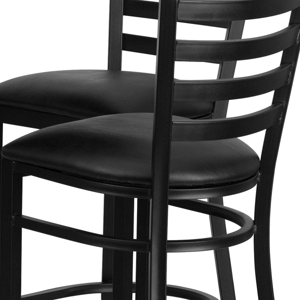 Black Top/Black Vinyl Seat |#| 30inch Round Black Laminate Table with X-Base and 4 Ladder Back Metal Barstools