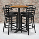 Natural Top/Black Vinyl Seat |#| 30inch Round Natural Laminate Table with X-Base and 4 Ladder Back Metal Barstools