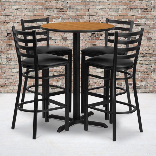 Natural Top/Black Vinyl Seat |#| 30inch Round Natural Laminate Table with X-Base and 4 Ladder Back Metal Barstools