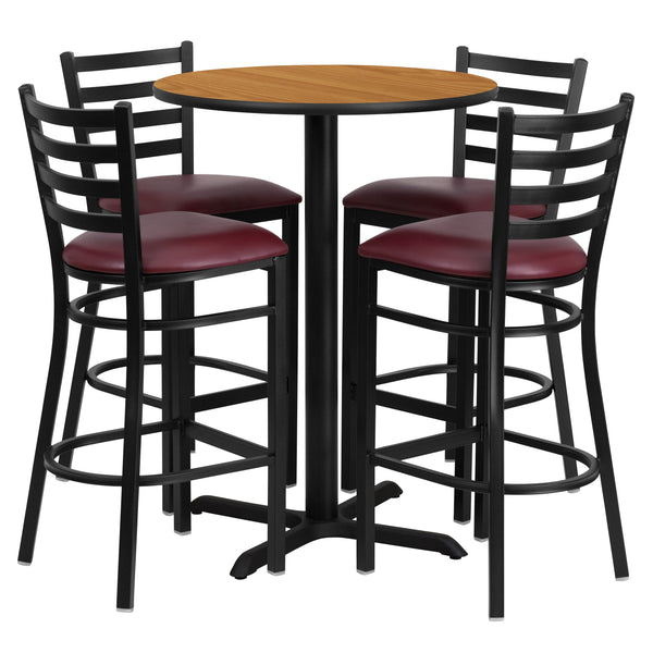 Natural Top/Burgundy Vinyl Seat |#| 30inch Round Natural Laminate Table with X-Base and 4 Ladder Back Metal Barstools