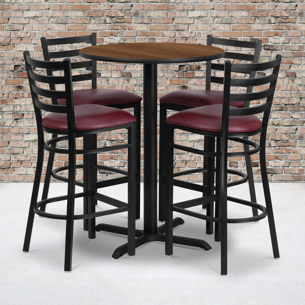 Walnut Top/Burgundy Vinyl Seat |#| 30inch Round Walnut Laminate Table with X-Base and 4 Ladder Back Metal Barstools