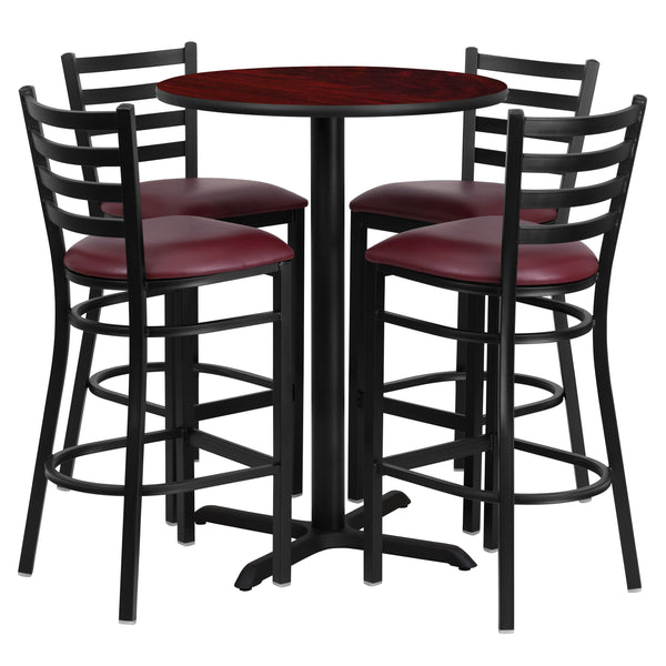 Mahogany Top/Burgundy Vinyl Seat |#| 30inch Round Mahogany Laminate Table with X-Base and 4 Ladder Back Metal Barstools