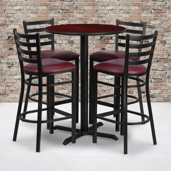 Mahogany Top/Burgundy Vinyl Seat |#| 30inch Round Mahogany Laminate Table with X-Base and 4 Ladder Back Metal Barstools