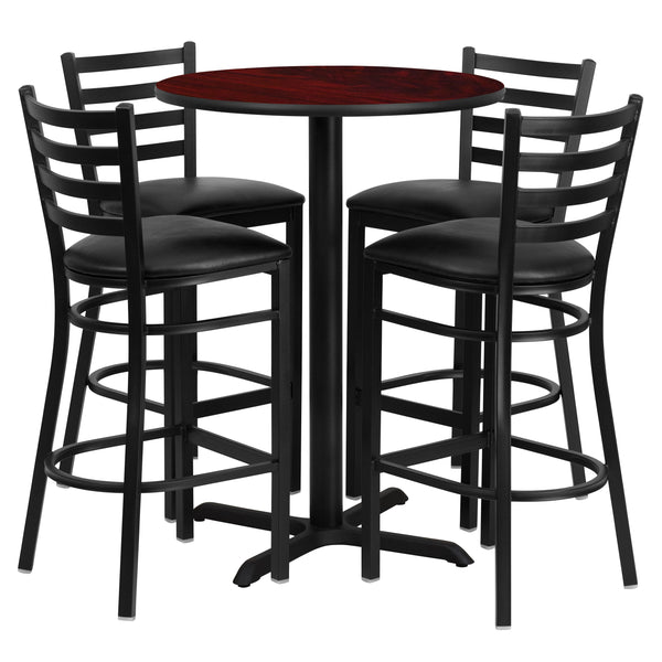 Mahogany Top/Black Vinyl Seat |#| 30inch Round Mahogany Laminate Table with X-Base and 4 Ladder Back Metal Barstools