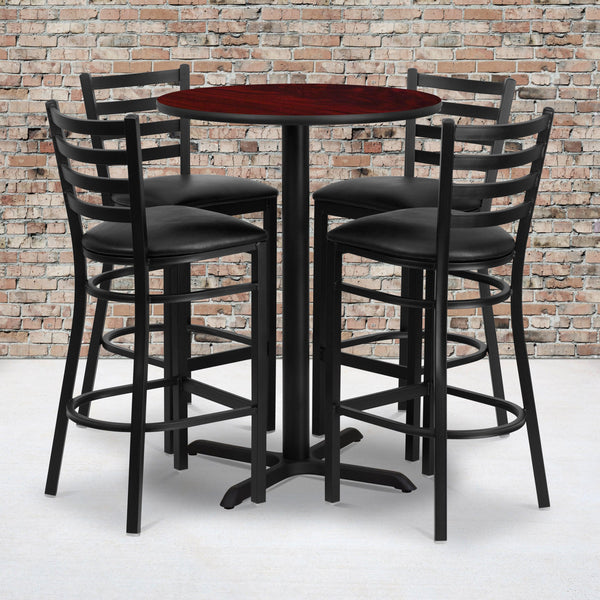 Mahogany Top/Black Vinyl Seat |#| 30inch Round Mahogany Laminate Table with X-Base and 4 Ladder Back Metal Barstools