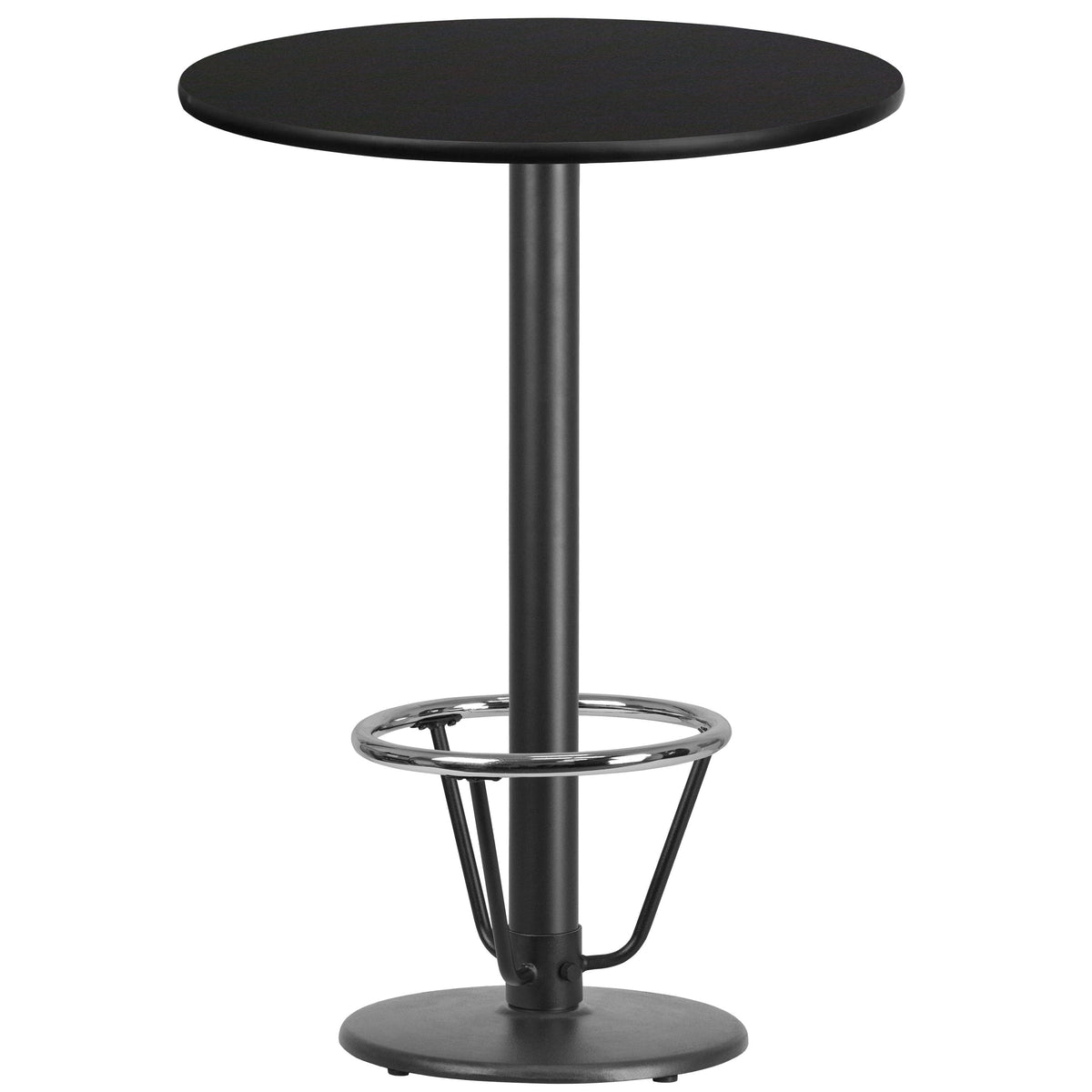 Black |#| 30inch Round Black Laminate Table Top & 18inch Round Bar Height Base with Foot Ring