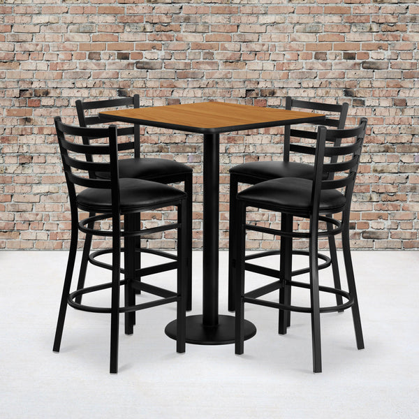 Natural Top/Black Vinyl Seat |#| 30inch Square Natural Laminate Table Set with 4 Metal Barstools - Black Vinyl Seat