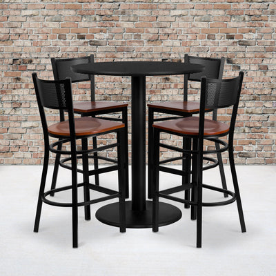 36'' Round Laminate Table Set with 4 Grid Back Metal Barstools