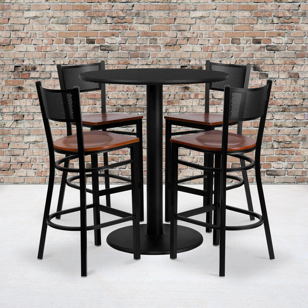 36inch Round Black Laminate Table Set with 4 Metal Barstools - Cherry Wood Seat