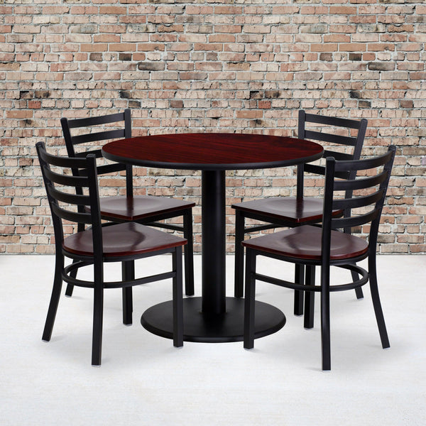 36inch Round Mahogany Laminate Table Set with 4 Metal Chairs - Mahogany Wood Seat