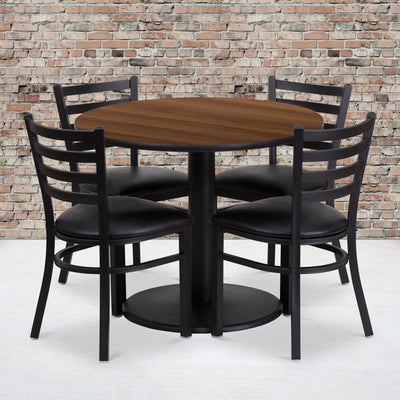 36'' Round Laminate Table Set with Round Base and 4 Ladder Back Metal Chairs