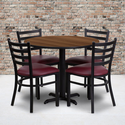 36'' Round Laminate Table Set with X-Base and 4 Ladder Back Metal Chairs