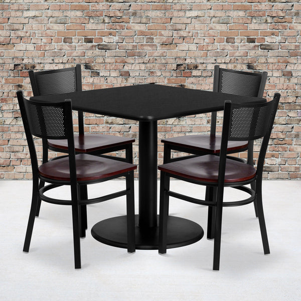 36inch Square Black Laminate Table Set with 4 Metal Chairs - Mahogany Wood Seat