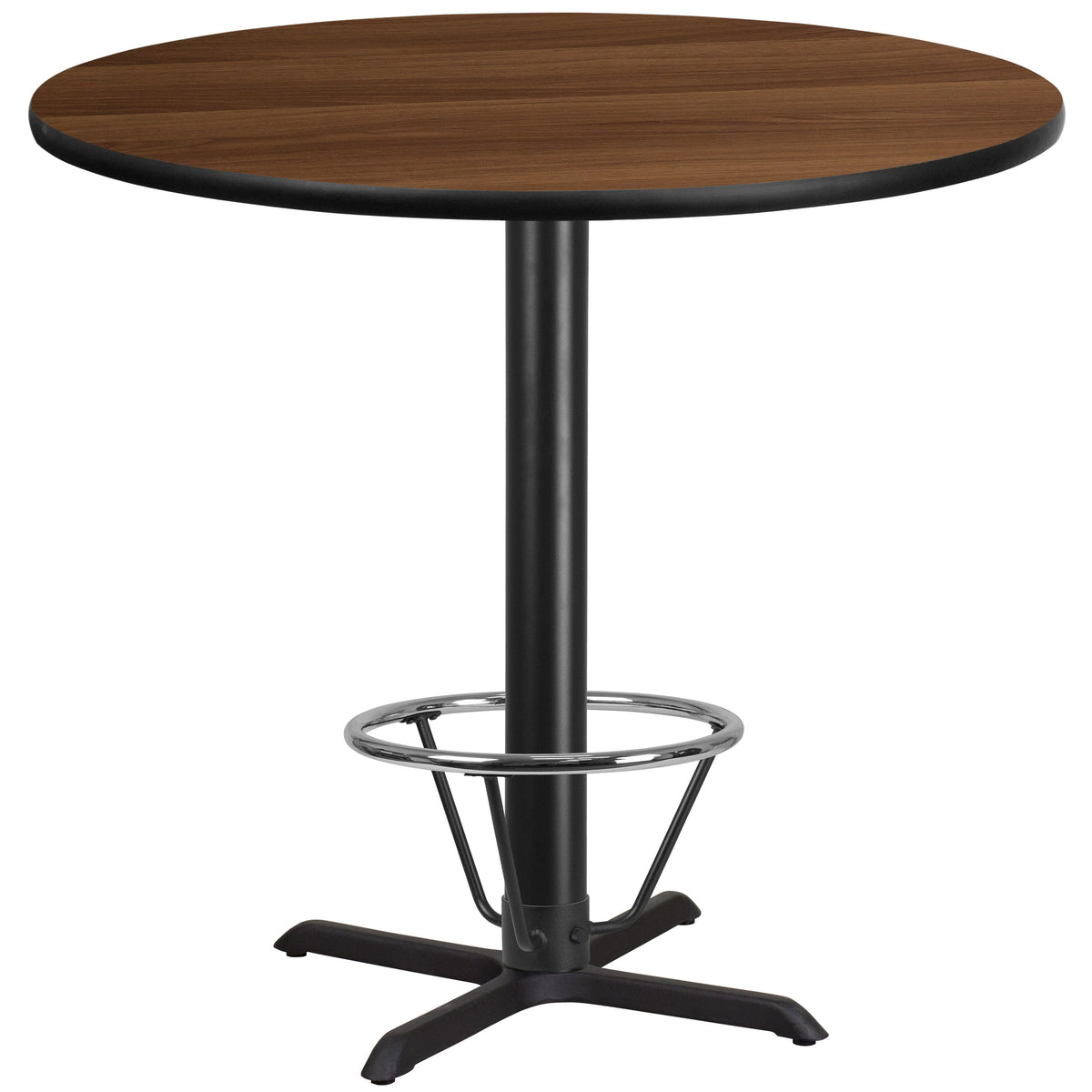 Walnut |#| 42inch Round Walnut Laminate Table Top & 33inchx 33inch Bar Height Base with Foot Ring