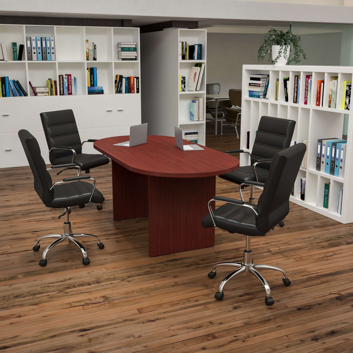 Cherry |#| 5 Piece Cherry Oval Conference Table with 4 Black/Chrome LeatherSoft Chairs