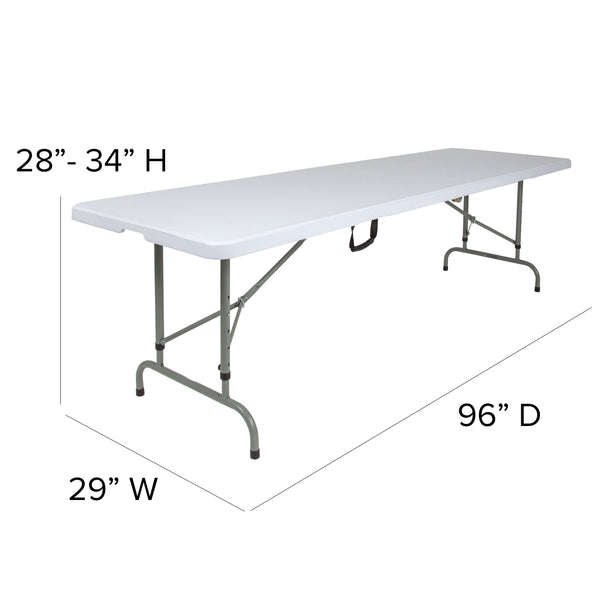 8-Foot Height Adjustable Bi-Fold Granite White Plastic Folding Table with Handle