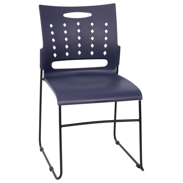 Navy |#| 881 lb. Capacity Gray Sled Base Stack Chair with Carry Handle & Air-Vent Back