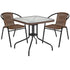 Barker 28'' Square Glass Metal Table with Rattan Edging and 2 Rattan Stack Chairs