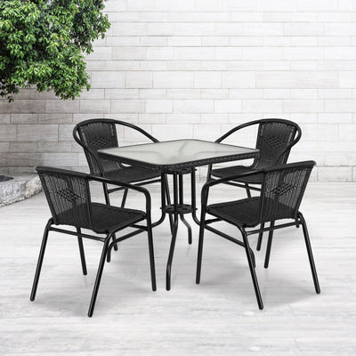 Barker 28'' Square Glass Metal Table with Rattan Edging and 4 Rattan Stack Chairs