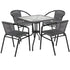 Barker 28'' Square Glass Metal Table with Rattan Edging and 4 Rattan Stack Chairs