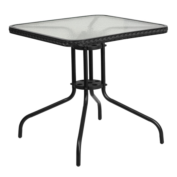 Clear/Black Rattan |#| 28inch Square Tempered Glass Metal Table with Black Rattan Edging