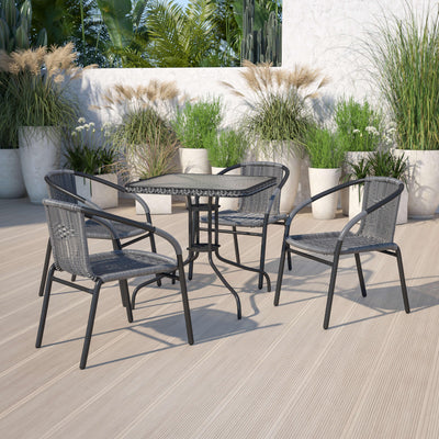 Barker 28'' Square Tempered Glass Metal Table with Rattan Edging - View 2