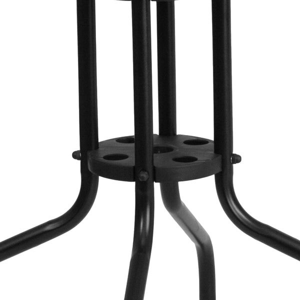 Clear/Black Rattan |#| 28inch Square Tempered Glass Metal Table with Black Rattan Edging