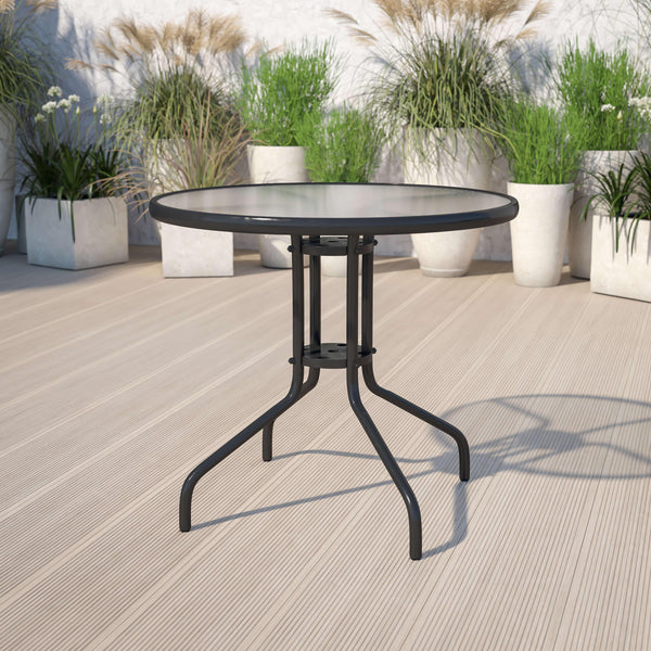 Clear/Black |#| 31.5inch Round Tempered Glass Metal Table with Smooth Ripple Design Top