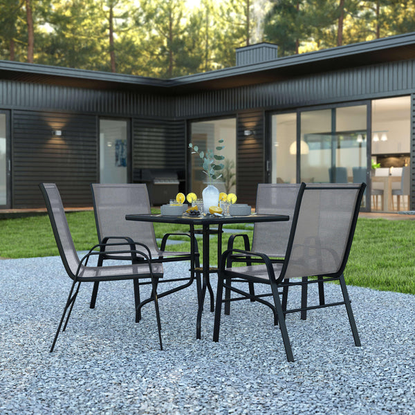 Gray |#| 5 Piece Patio Dining Set - 31.5inch Square Glass Table, 4 Gray Flex Stack Chairs