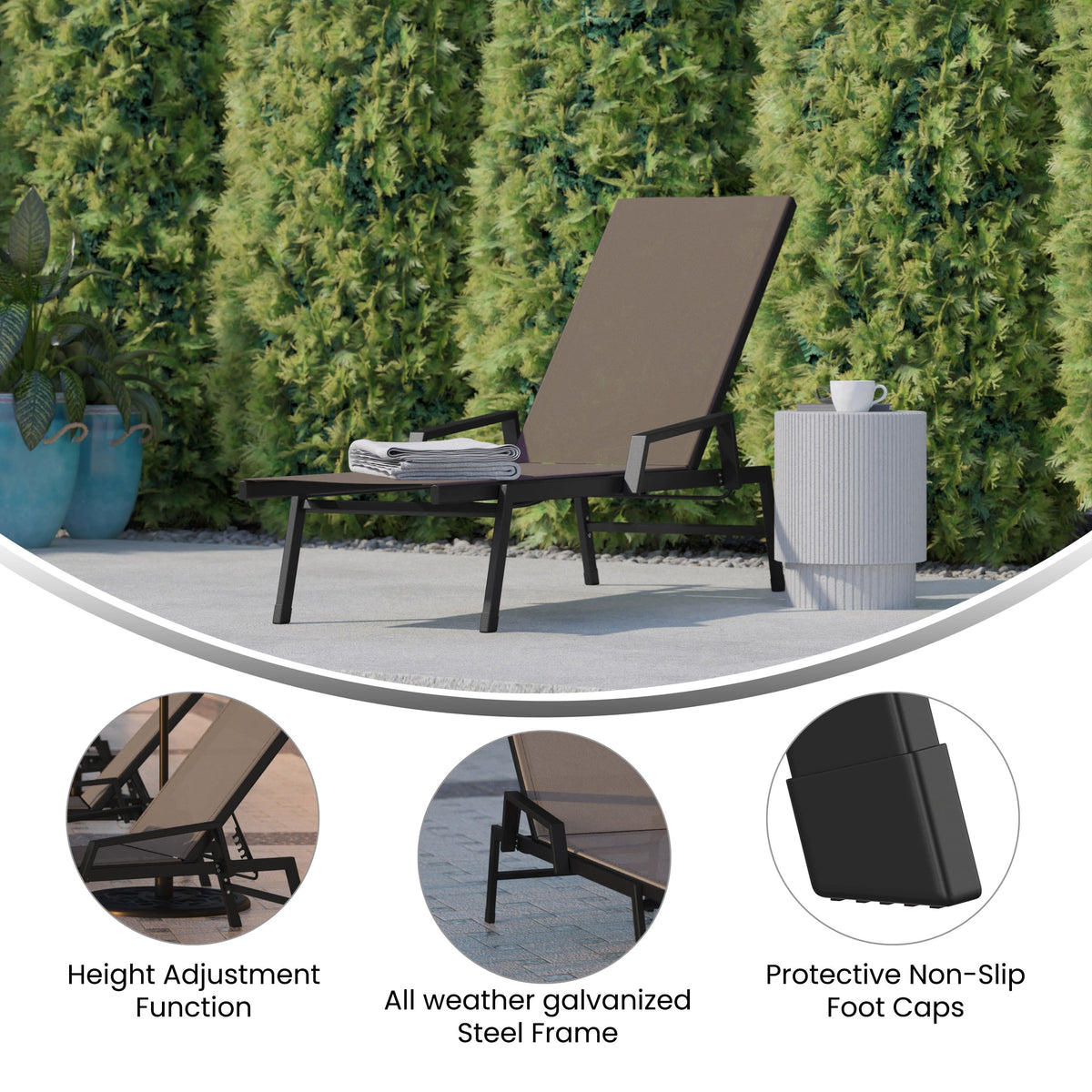 Brown |#| All-Weather Textilene Adjustable Chaise Lounge Chair with Arms - Black/Brown