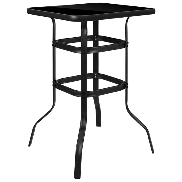 Black |#| 3 Piece Outdoor Bar Height Set-Glass Patio Bar Table-Black All-Weather Barstools