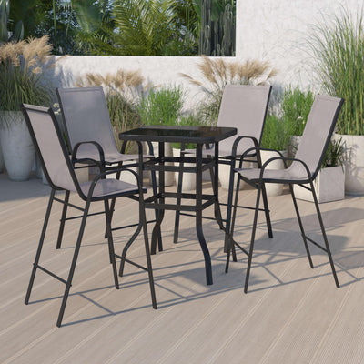 Brazos Outdoor Dining Set - 4-Person Bistro Set - Outdoor Glass Bar Table with All-Weather Patio Stools