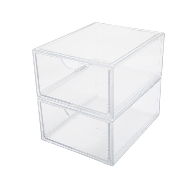 Clear Plastic Desktop Storage Box with Half Moon Opening Pullout Drawer - 2 Pack