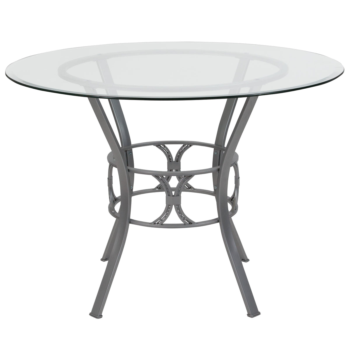 Clear Top/Silver Frame |#| 42inch Round Glass Dining Table with Crescent Style Silver Metal Frame